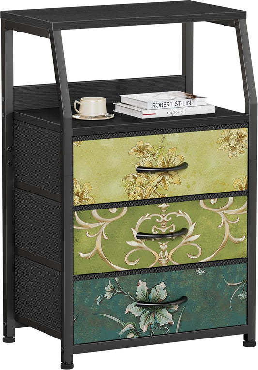 Retro Nightstand with Three Drawers and Two-Tier Shelf, Vintage Storage Dresser for Bedroom, Compact Side Table and Fabric Drawer Organizer for Closet