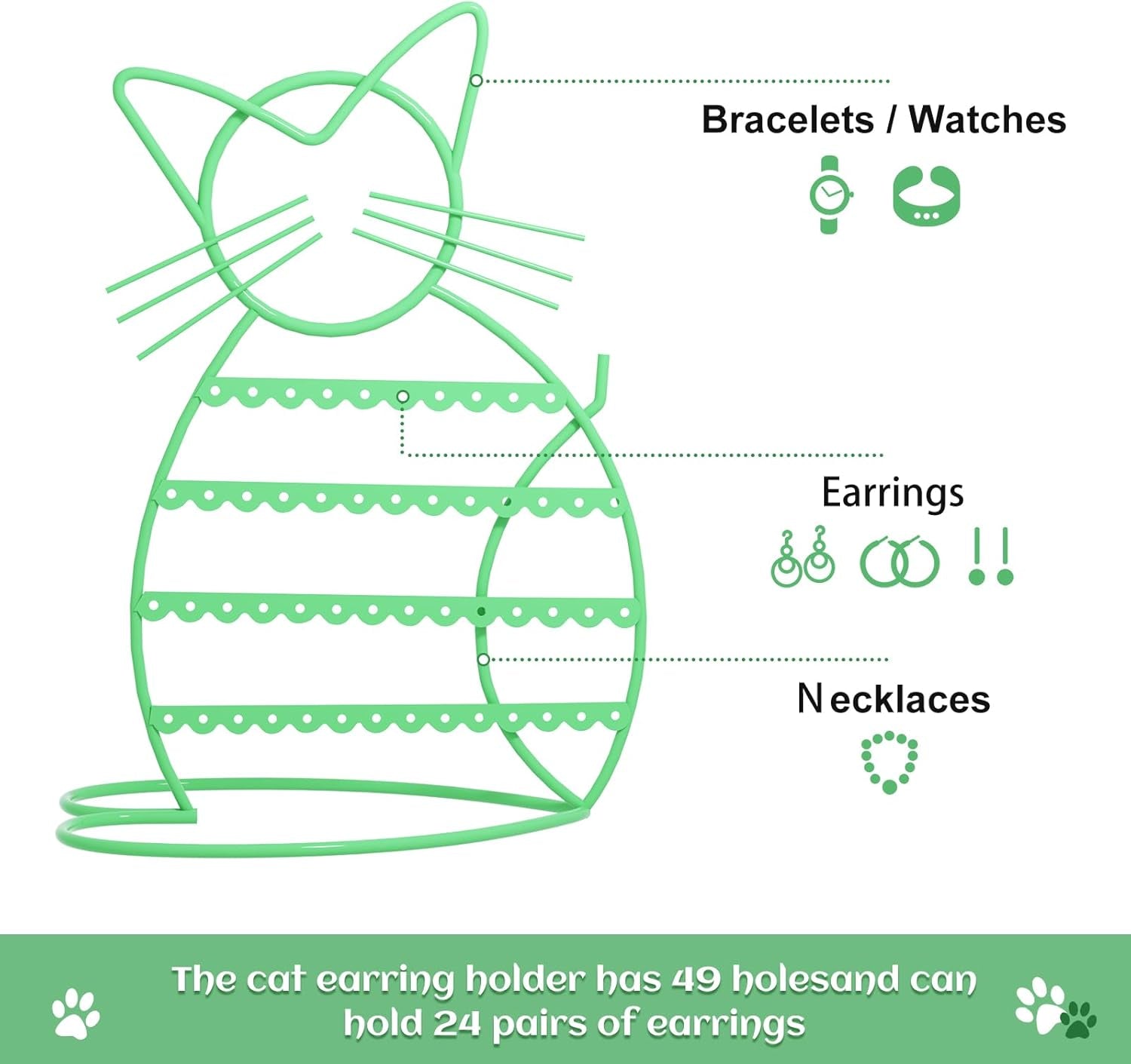 Cat Shaped Earring Holder Stand - Metal 48 Stud Holes, Jewelry Display Vanity Organizer for Girls - Jade