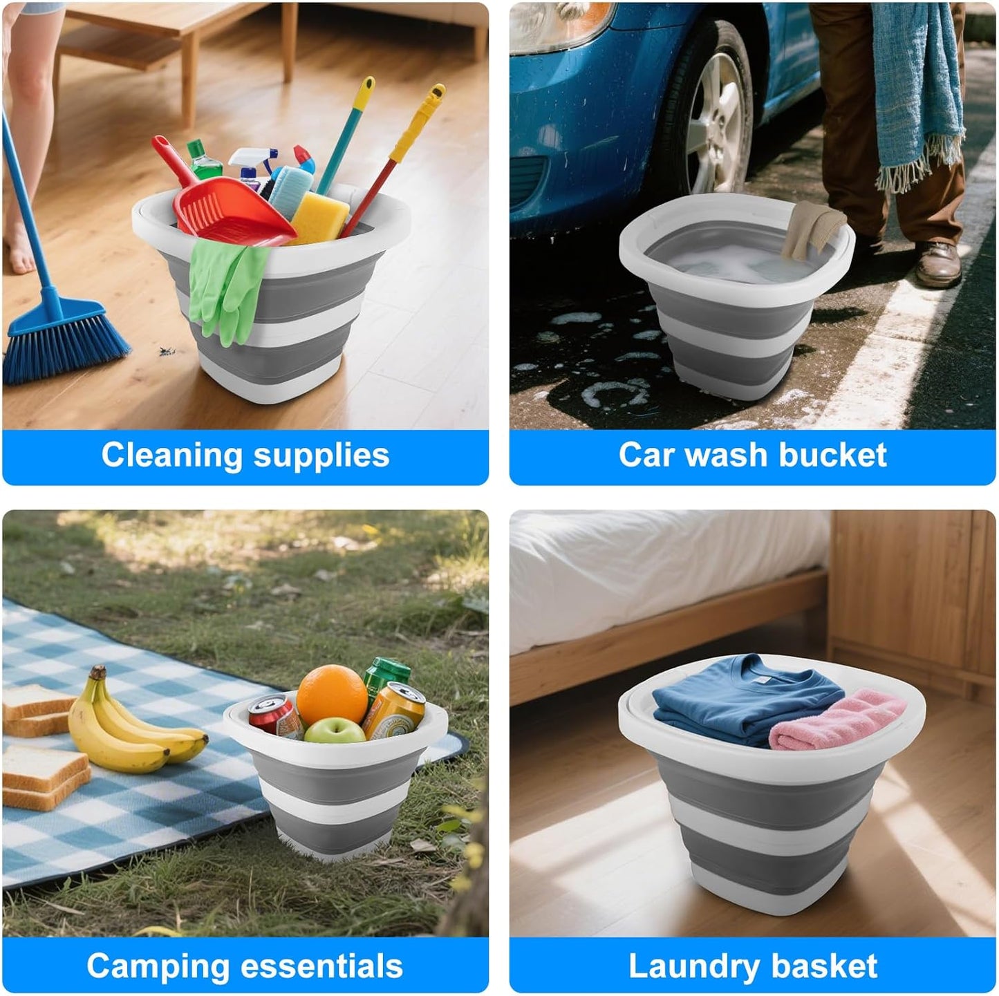 Collapsible Bucket 5L, Foldable Mop Bucket Car Wash Buckets with Handle for Cleaning Supplies, Portable Sink Wash Basin Storage Bin Ice Tub for Fishing Beach Outdoor Camping Kitchen RV Accessories