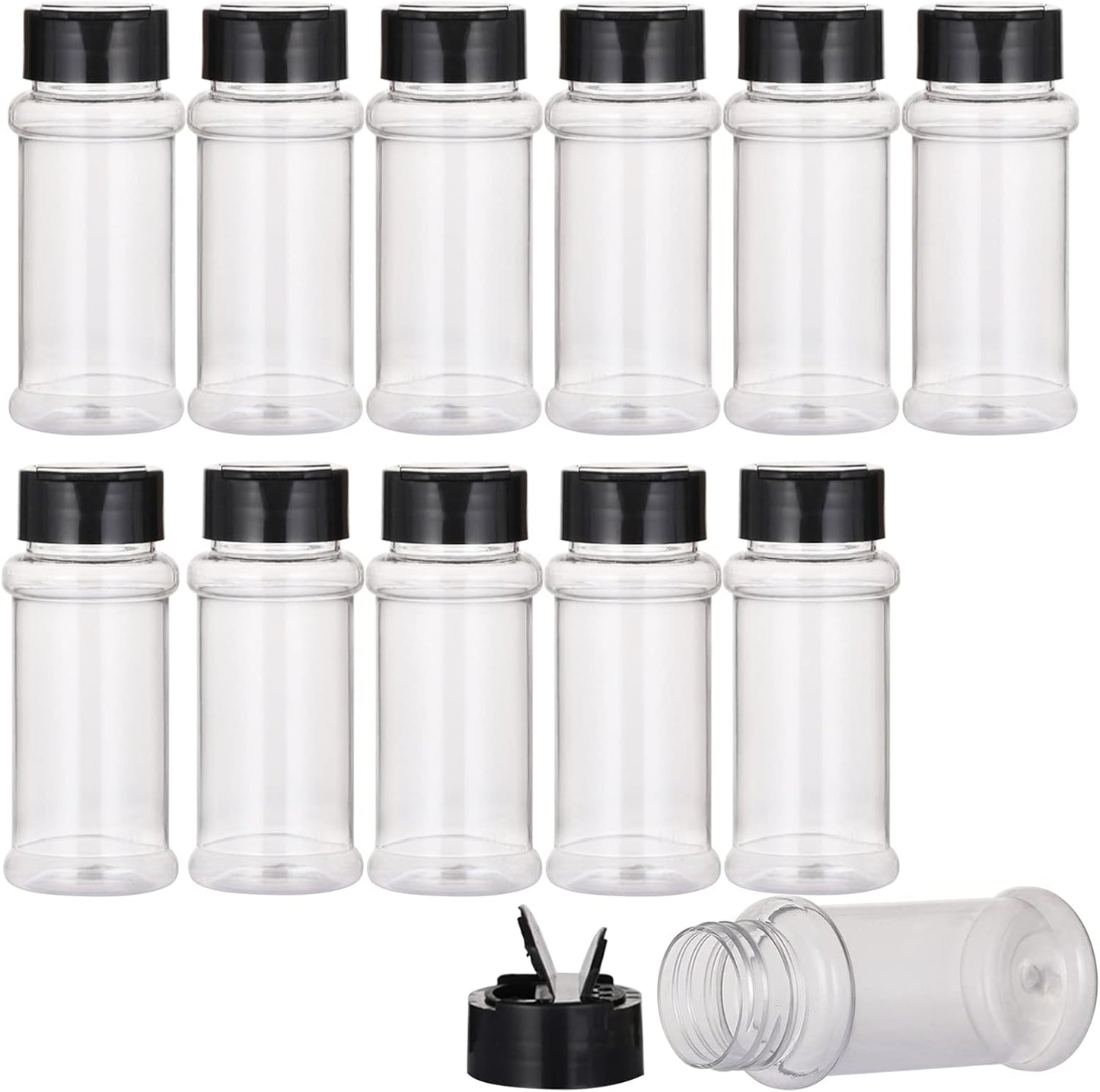 12 PACK - 3.3 Oz Plastic Spice Jars Bottles Containers with Black Screw Lids to Pour or Shake - Perfect for Storing Spice, Herbs and Powders - Lined Cap - BPA Free