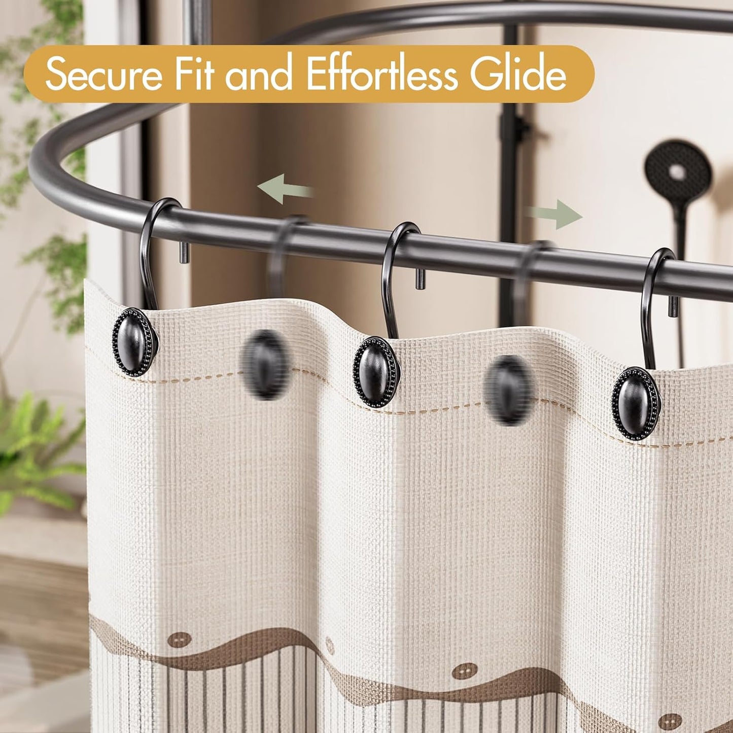 White Shower Liner Cloth Waterproof, 120G Heavy Duty with Weighted Stones and bath 12PCS Black Shower Curtain Hooks Elliptical Heavy Duty Design