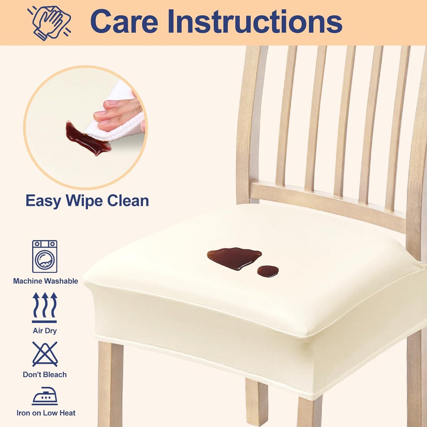 Waterproof Seat Covers for Chairs Set of 2, Stretch Pu Leather Removable Washable Dining Room Chair Seat Slipcovers Protector, No Rear Covers, Beige