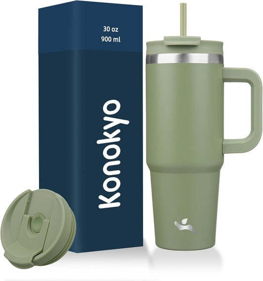 30 Oz Tumbler with Handle and 2 Straws,2 in 1 Lid Insulated Water Bottle Stainless Steel Travel Coffee Mug,Army Green