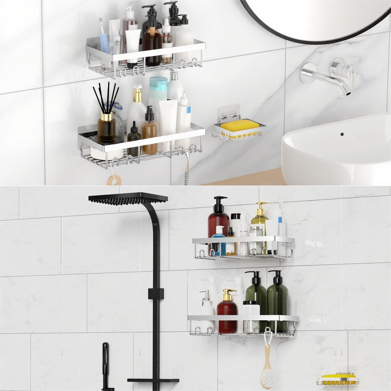 3-Pack Shower Caddy Basket Shelf with Soap Holder, No Drilling Traceless Adhesive Shower Wall Shelves, Rustproof Silver Bathroom Shower Storage Organizer