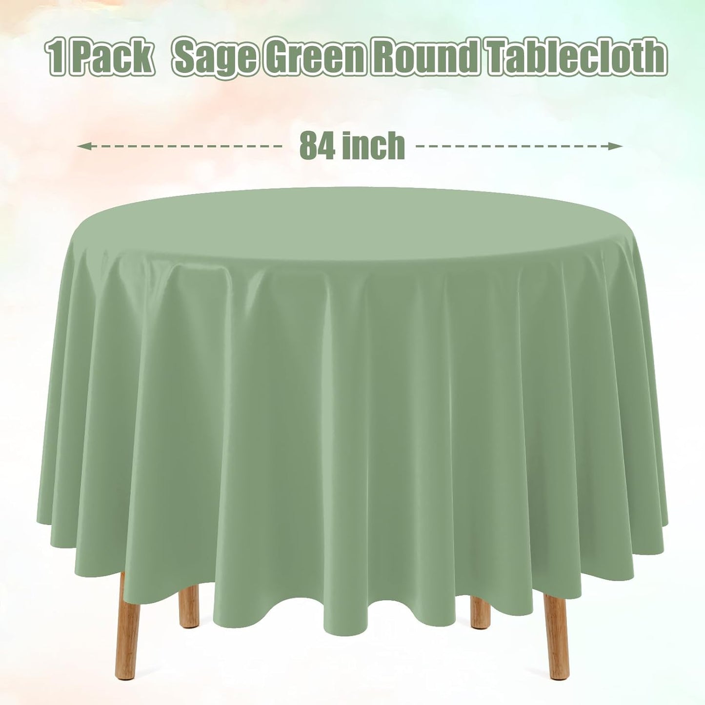 1Pcs Sage Green Plastic Tablecloths round Light Green Tablecloth Waterproof Disposable round Sage Table Cover for Birthday Bridal Wedding Baby Shower Party Decorations,84Inch