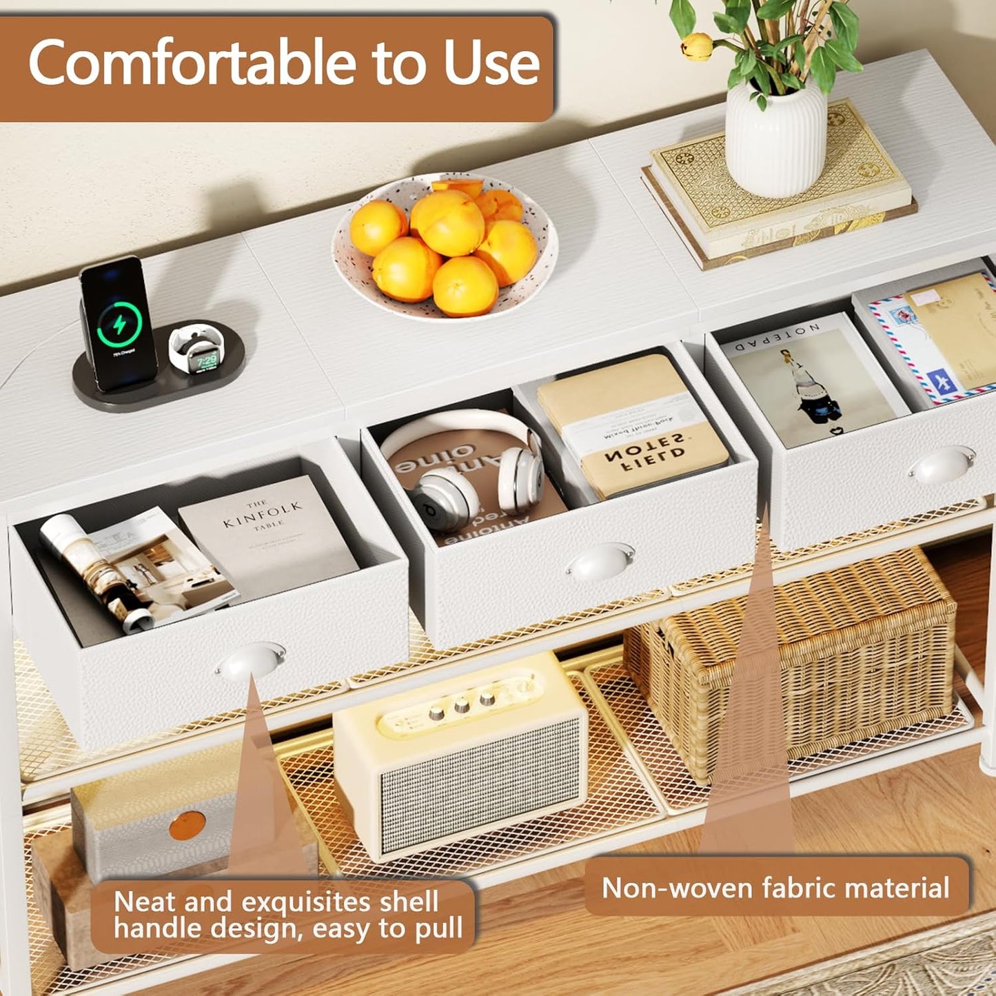 38In Console Table with 3 Drawers, Small Sofa Table with Lights and Power Outlets, Hallway Tables with 3-Tier Shelves, White Narrow Console Table for Entryway, Living Room, Couch, Foyer