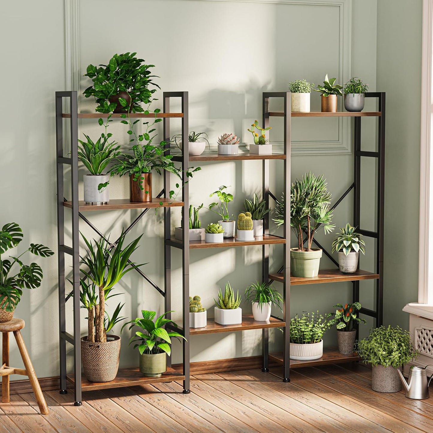 Triple 4-Tier Bookshelf with 11 Open Display Shelves - Wide Bookcase for Home and Office in Rustic Brown Finish