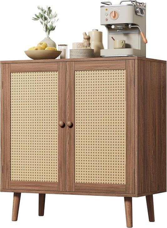 Walnut Buffet Cabinet with Synthetic Rattan Door Accents and Solid Wood Legs for Hallway, Entryway, and Living Room Storage