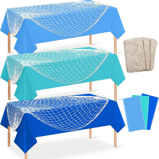 3 Set 6 Pcs Fish Net and Tablecloth Set,Cotton Fishnet and 3 Blue Color Disposable Plastic Table Cover for Mermaid,Baby Shower,Birthday,Ocean Pirate under the Sea Party Decorations,54 X 108Inch