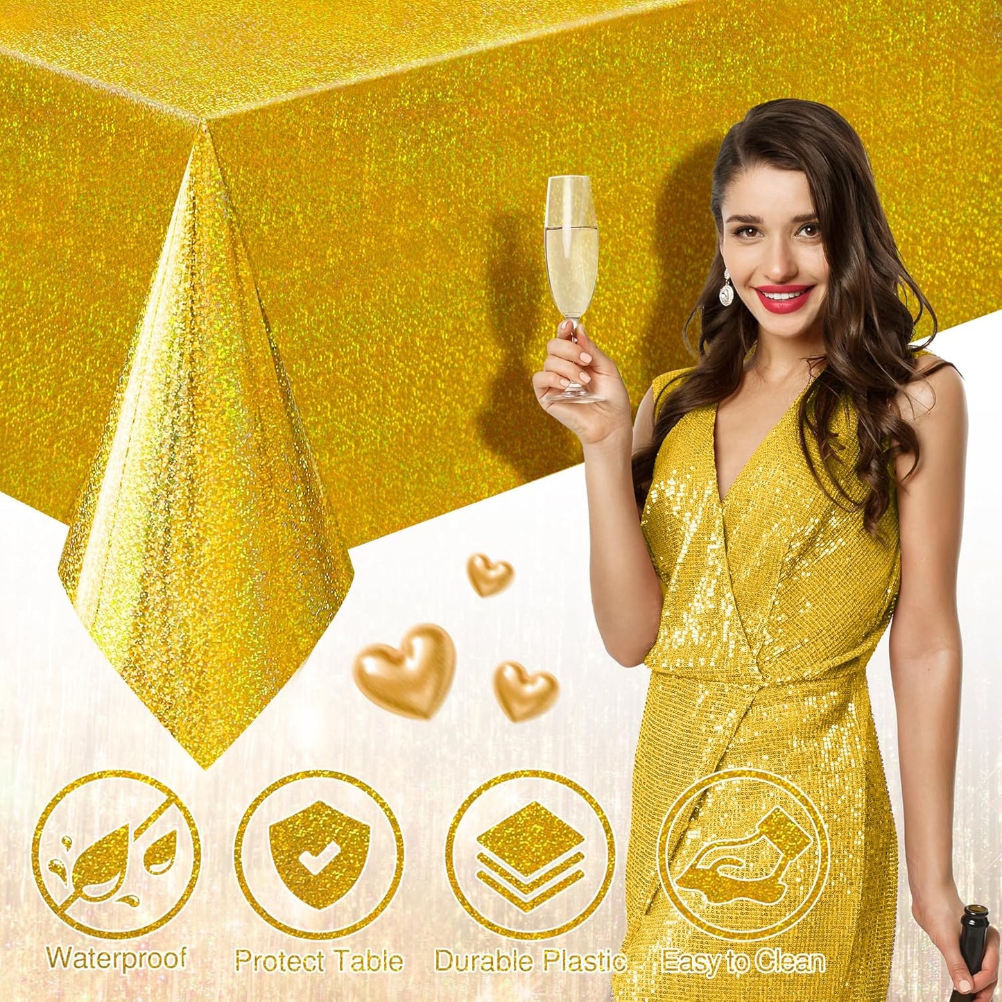 Gold Holographic Foil Tablecloths - Set of 2, 54x108 Durable Table Covers for Elegant Events, Perfect for Parties, Weddings, and Showers