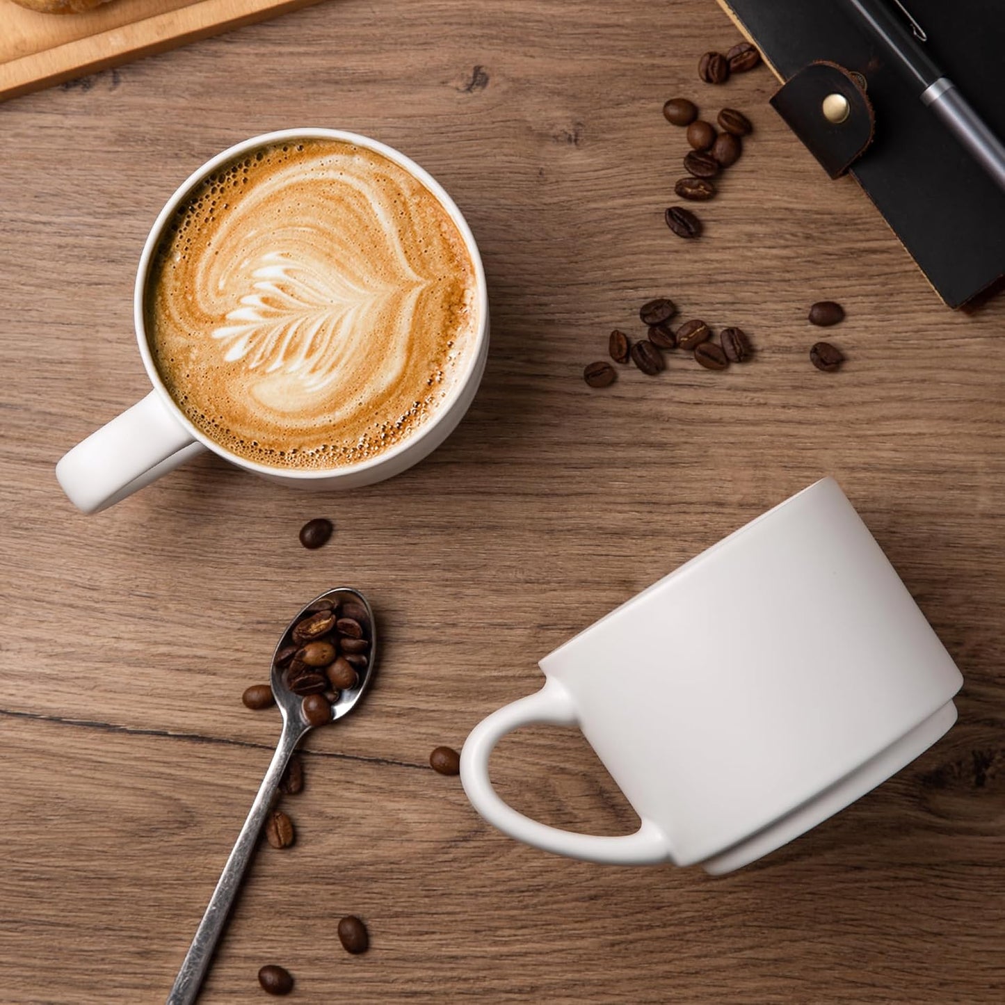 14 oz Stackable Ceramic Coffee Mug Set of 6, Modern Design for Latte, Tea, and Cappuccino, Dishwasher and Microwave Safe, Matte White Finish