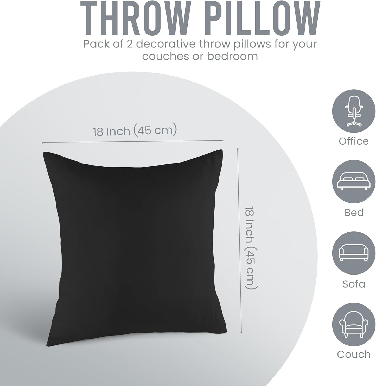 Throw Pillows Insert (Pack of 2, Black) - 18 X 18 Inches Bed and Couch Pillows - Indoor Decorative Pillow