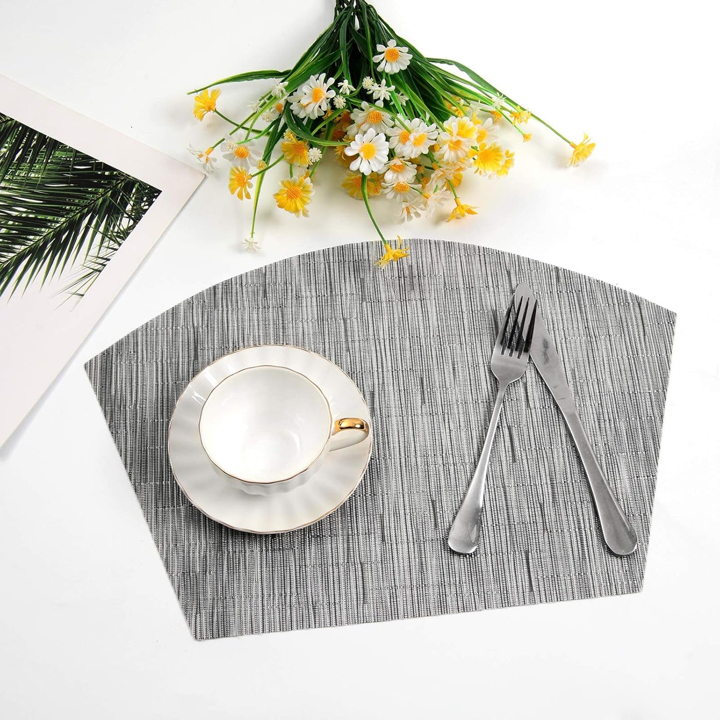Small round Table Placemats Set of 4 Wedge Placemats Heat Resistant Woven Vinyl Table Mats Wipe Clean (4, Silver Gray)