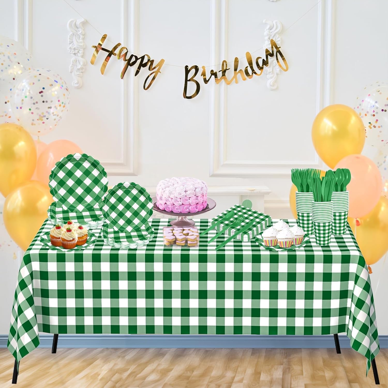 176 PCS Green Gingham Plates and Napkins, Green and White Checkered Disposable Plates Set with Napkins Cups Plastic Spoons Forks Knives for Dinner Birthday Picnic Golf Graduation Party Decorations