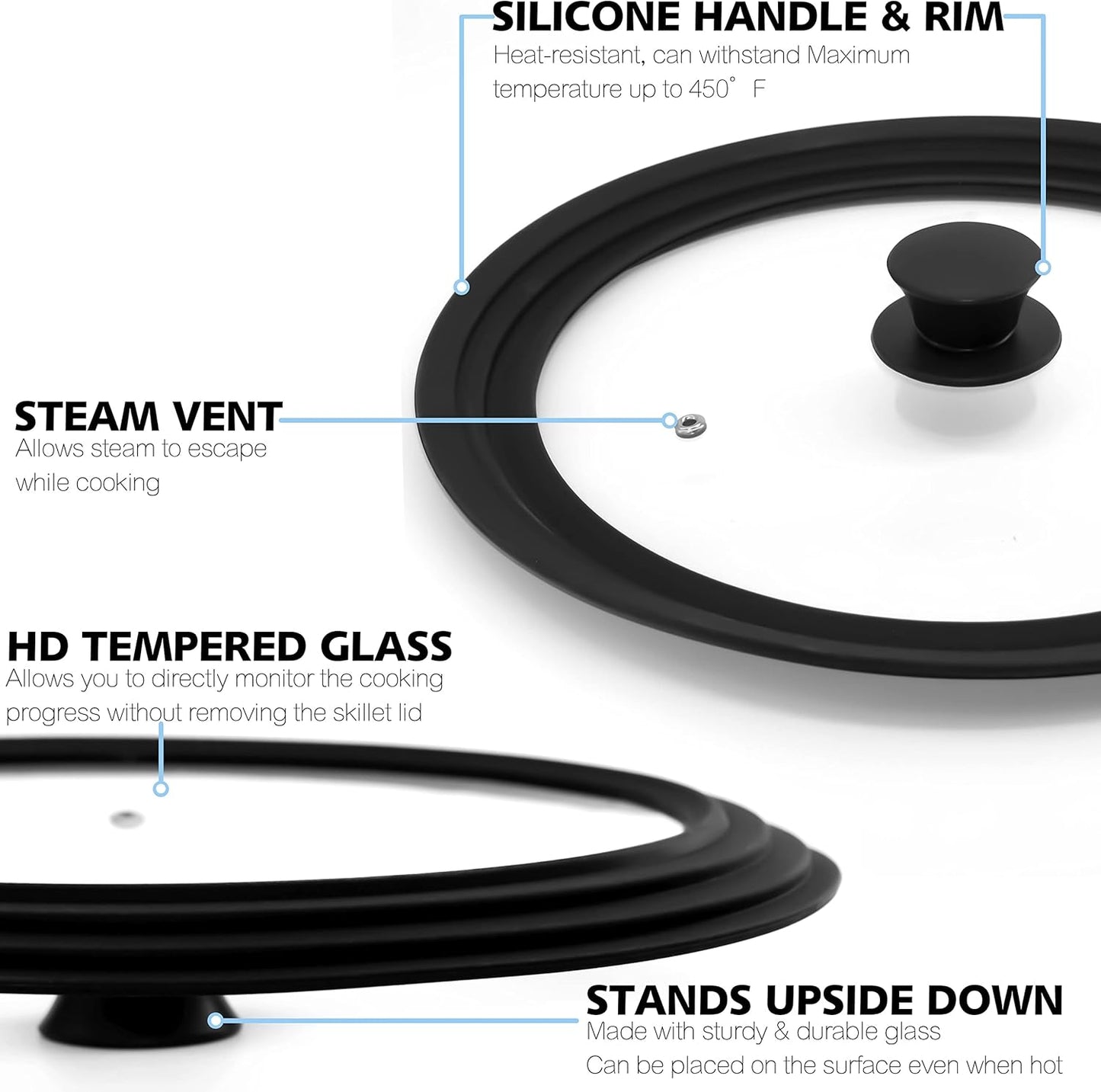 Silicone Universal Lid for Pots, Pans and Skillets - Tempered Glass Covered with Heat Resistant Silicone Rim Fits 9.5", 10" and 11" Diameter Cookware -Easy to Use Replacement Frying Pan Cover