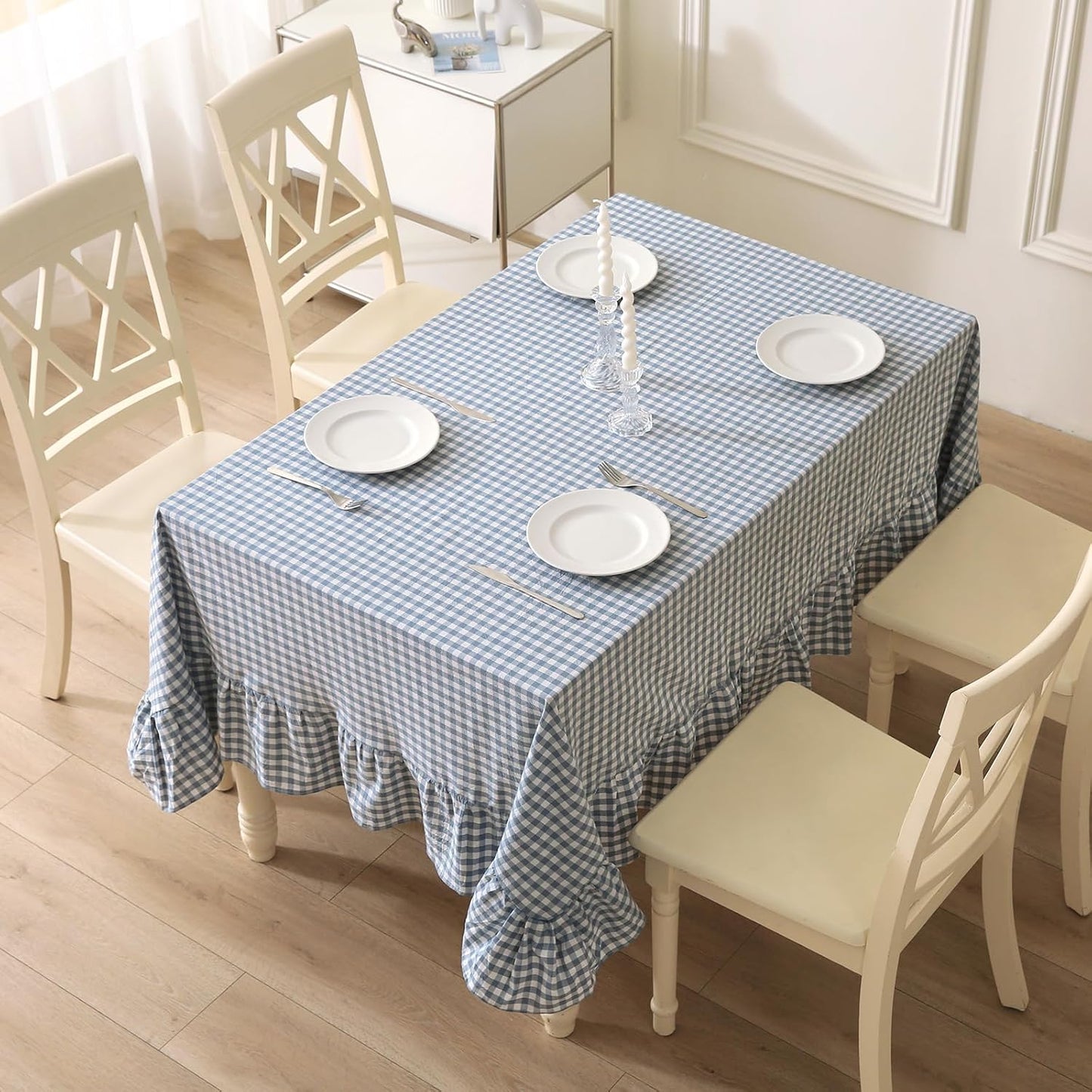 Dust Blue and White Plaid Cotton Ruffled Rectangular Tablecloth, 120 x 60 Inches, Vintage Cottage Style