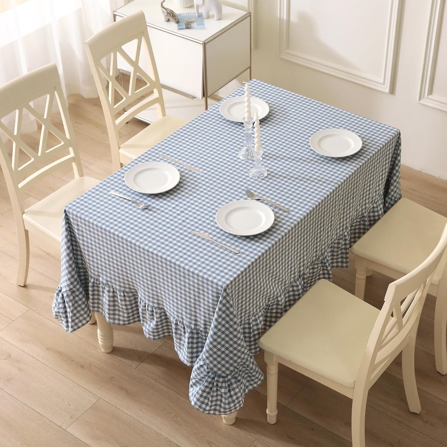 Dust Blue and White Plaid Cotton Ruffled Rectangular Tablecloth, 120 x 60 Inches, Vintage Cottage Style