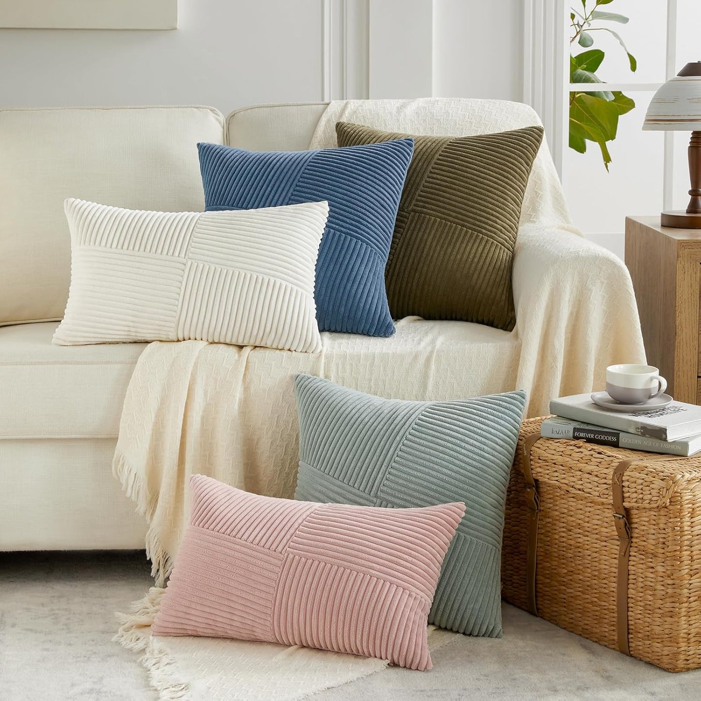 Set of 2 Blush Pink Boho Lumbar Rectangle Decorative Throw Pillow Covers 12X20 Inch with Diagonally Pattern for Couch Bed Sofa, Soft Corduroy Accent Modern Farmhouse Home Decor 30X50 Cm