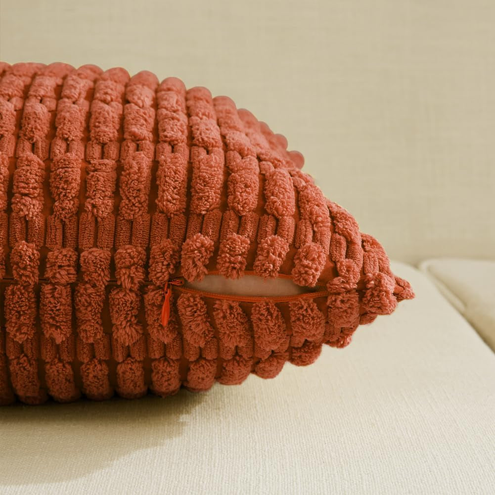 Set of 4 Burnt Orange Fall Decorative Throw Pillow Covers 18X18 Inch for Couch Bed Chair, Modern Farmhouse Boho Room Decor, Soft Fuzzy Corduroy Textured Striped Cushion Case 45Cm