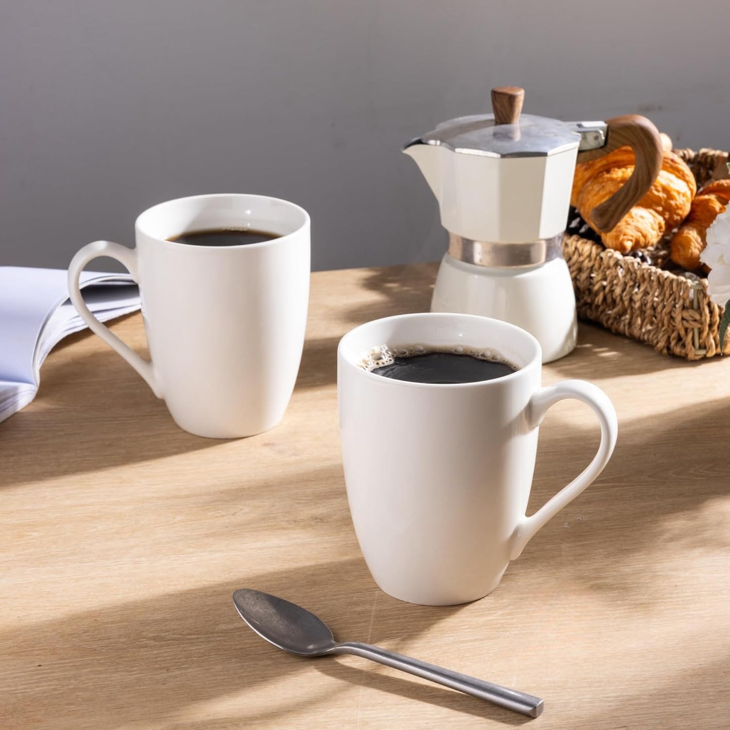 12 oz Off-White Ceramic Coffee Mug Set with Large Handle, Lightweight and Dishwasher & Microwave Safe, Ideal for Latte, Cappuccino, Cocoa, and Milk, 12 Pieces