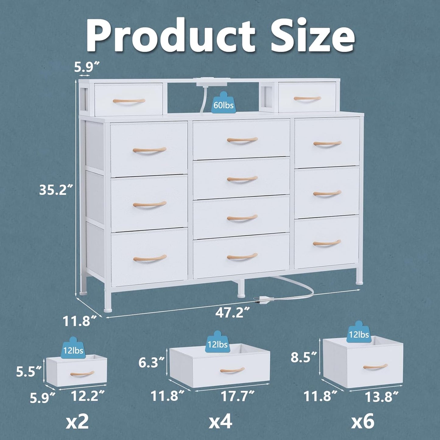 White Bedroom Dresser with LED Lighting and Charging Station, 47" Wide Chest Featuring 12 Fabric Storage Drawers, Versatile Vanity Furniture for Closet and Entryway, Includes 2 Shelves and Metal Frame