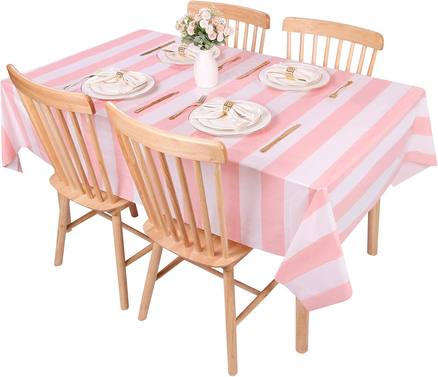 3 Packs Pink and White Horizontal Striped Table Cloth 54 X 108 Inches Pink Stripe Tablecloths Disposable Plastic Stripe Table Covers Waterproof Rectangle Picnic Tablecover for Birthday Party