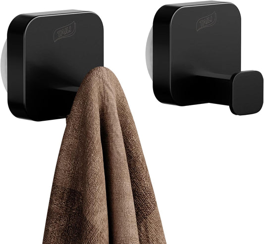 Stylish 304 Stainless Steel Bathroom Suction Hooks for Towel, Bathrobe, Loofah, No Damage Hanging Glass Shower Wall Hooks, Removable Patented Strong Suction Cup Holders, Hold up to 11 Lbs, Black