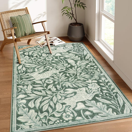 Rabbit 5X7 Washable Rugs for Living Room, Animal Soft Rugs for Dining Room, Whimsical Forest Woodland Print Green Carpet for Bedroom, Nature Non Shedding Non Slip Carpets Accent Rug
