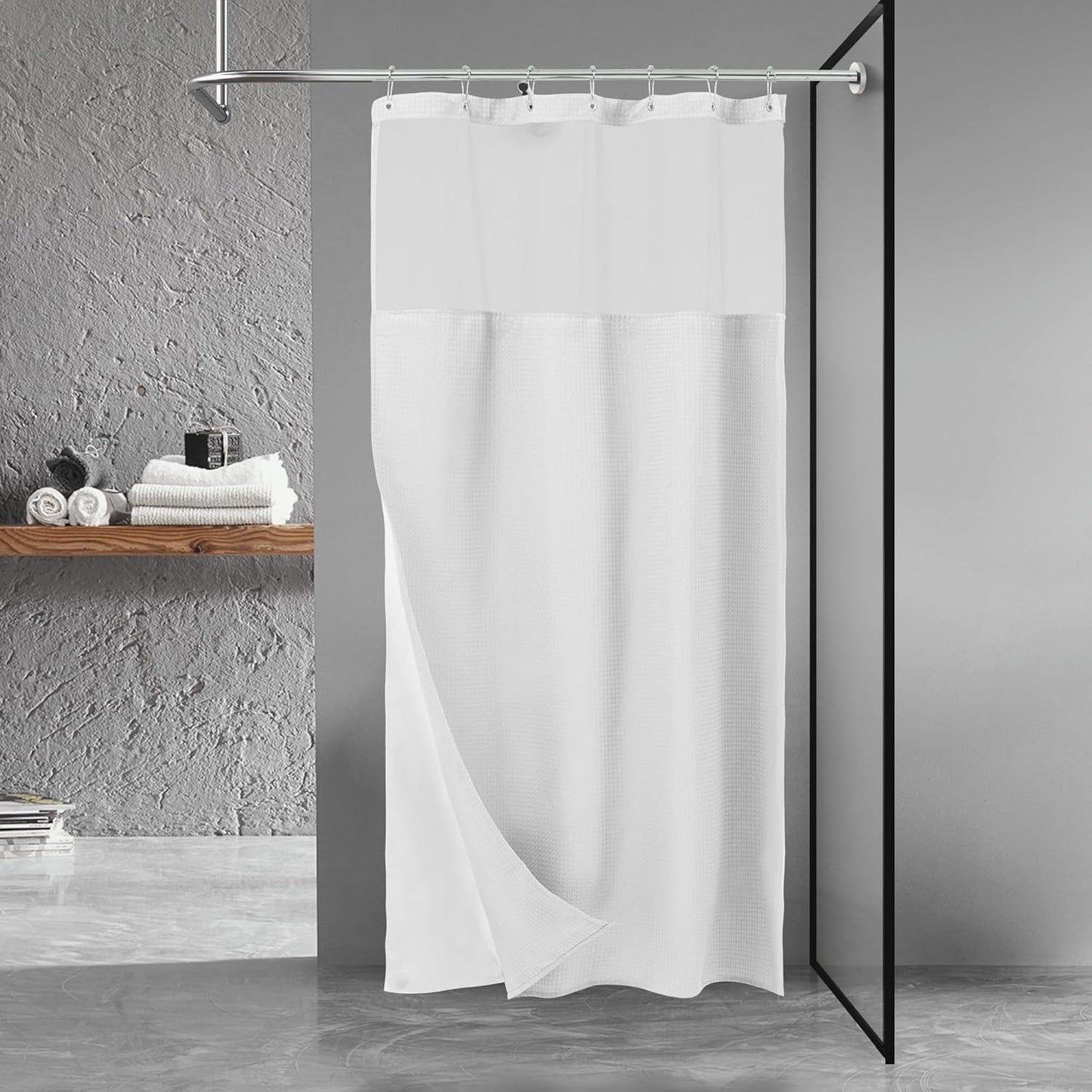 Stall Waffle Weave Shower Curtain with Snap-In Fabric Liner & Hooks Set - 36" X 72" Small Shower Stall Size, Hotel Style & Mesh Top Window, Machine Washable - 36X72, White
