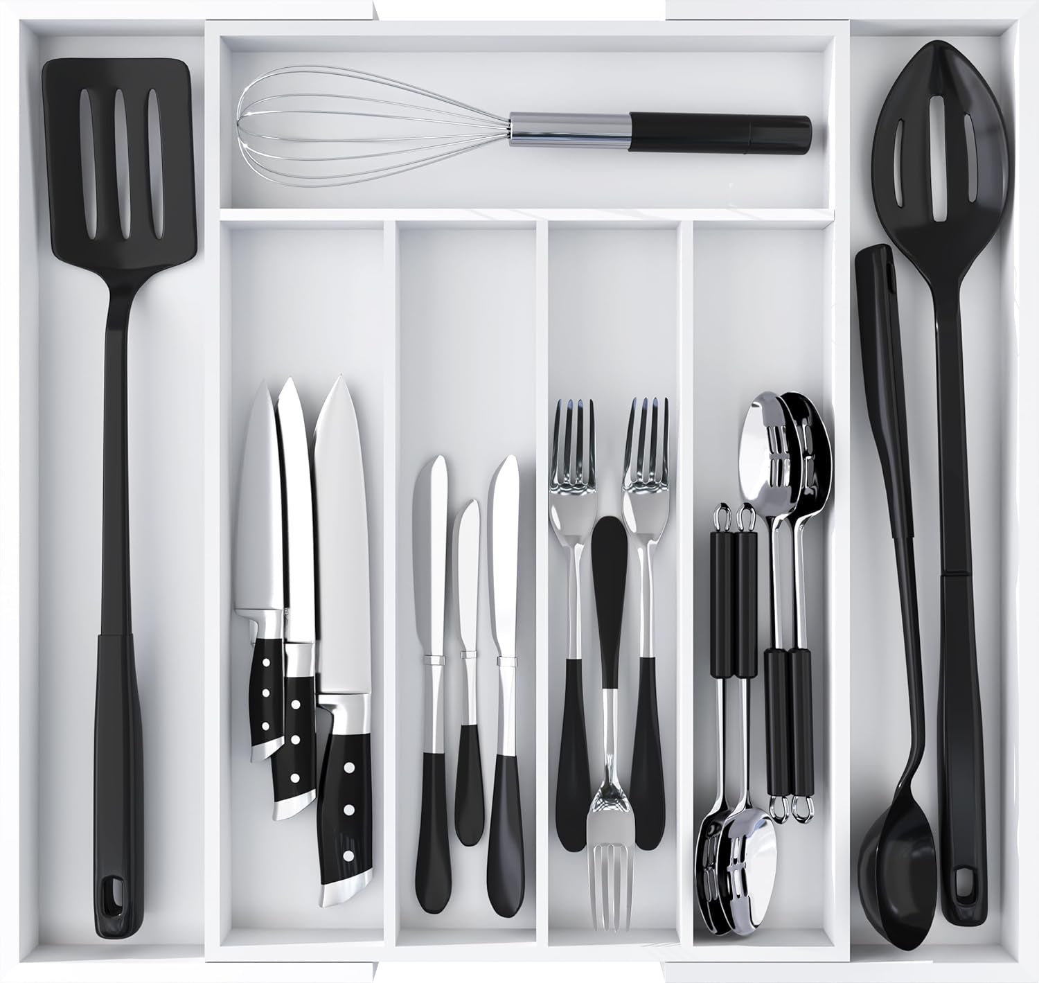 Expandable Bamboo Utensil Drawer Organizer, Silverware Organizer for Cutlery, Flatware Holder (5-7 Slots, White) - Pack of 1