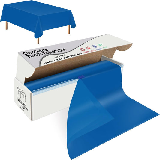 Blue Disposable Plastic Table Cloth Roll 54" X 100', Plastic Table Cover with Cutter Box, Cut to Size Disposable Tablecloth for Parties