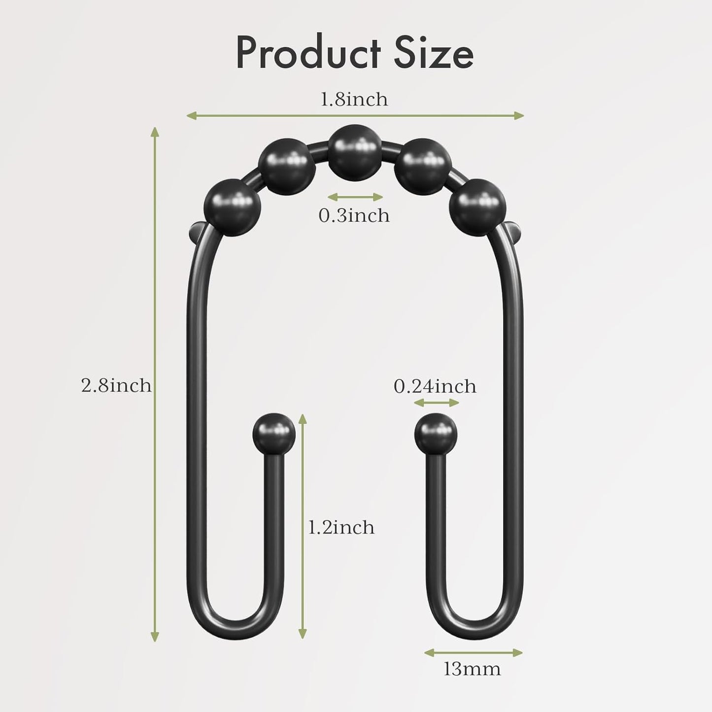 Shower Curtain Hooks, Black Rust Proof Non-Slip Double Hooks for Shower Curtain, Sturdy Metal Rings Bathroom 12Pcs