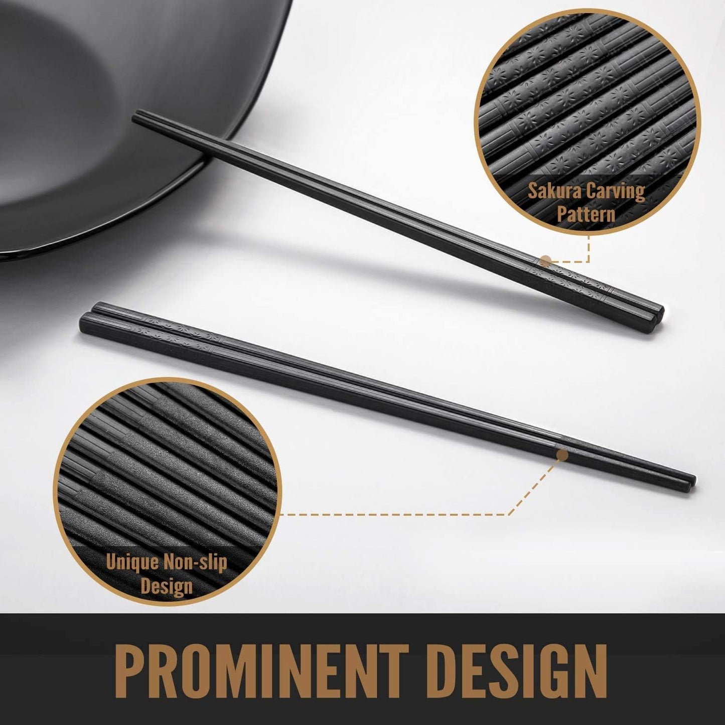 10 Pairs Fiberglass Chopsticks - Reusable Chopsticks Dishwasher Safe, 9 1/2 Inches - Black