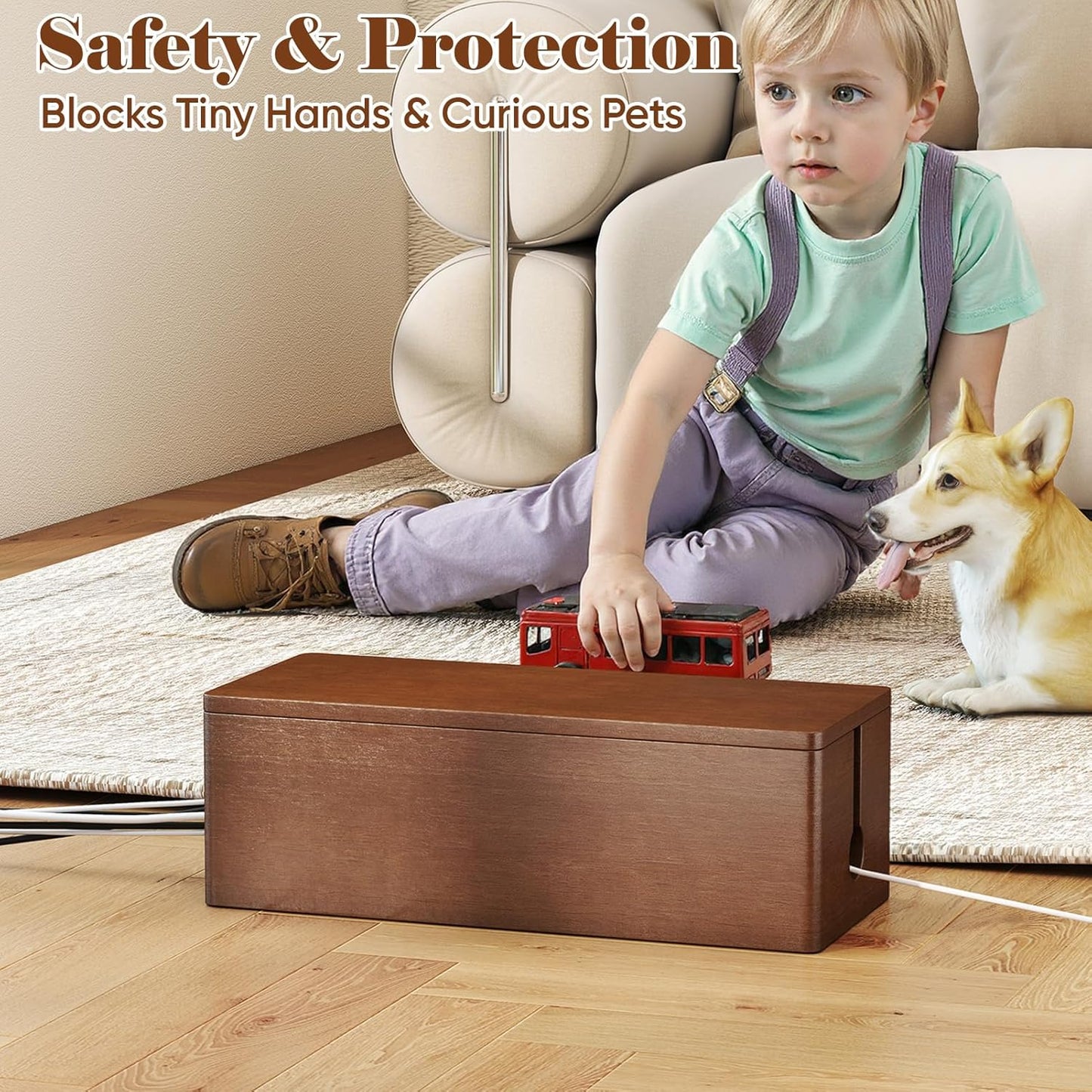 Cable Management Wooden Box with Magnetic Lid, Duty Cord Organizer Power Strip Hider Cover with Ventilation for Desk, Floor, Home Office, Baby-Pets Safe Storage Solution