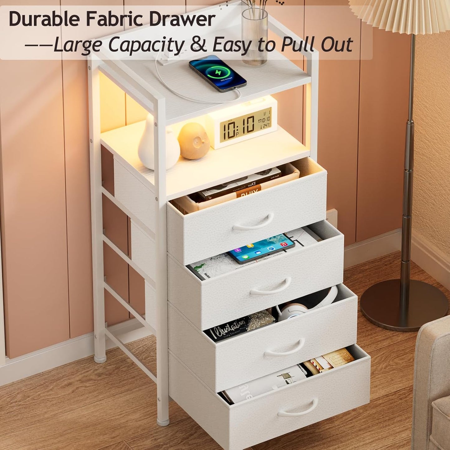 White Nightstand with Charging Station and LED Light, Tall Bedroom Dresser with 4 Fabric Storage Drawers, Metal Frame and Wood Shelf