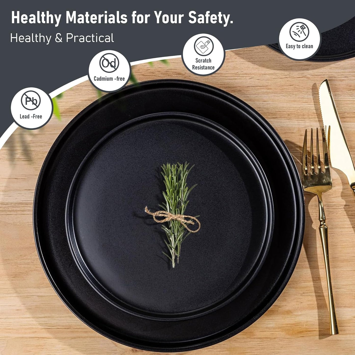 Matte Black Stoneware Dinnerware Set for 6 - Chip and Scratch Resistant, Dishwasher, Microwave, and Oven Safe with Reactive Glaze