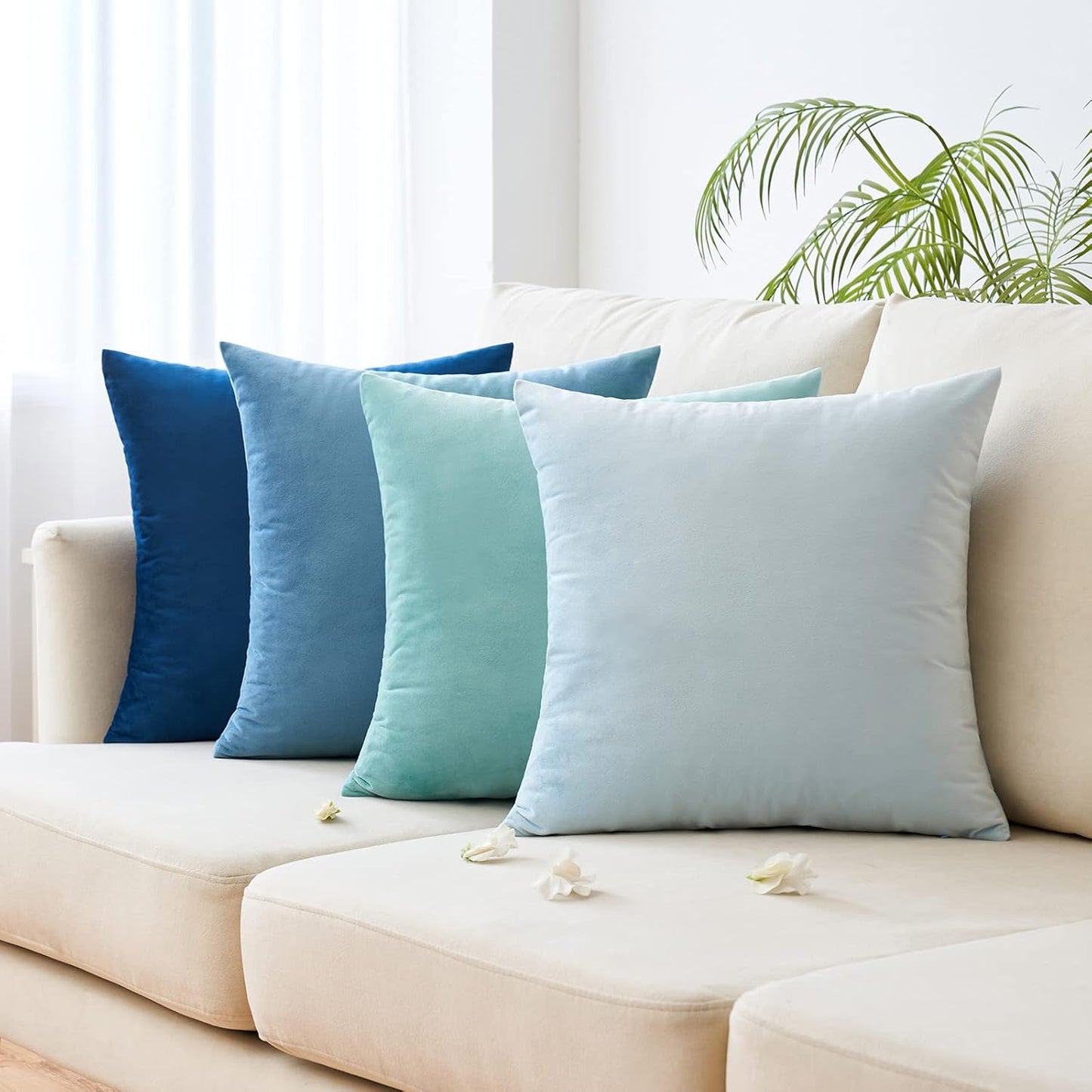 Pack of 4 Velvet Throw Pillow Covers Soft Solid Decorative Square Spring Cushion Case for Sofa Bedroom Living Room 18 X 18 Inch Blue