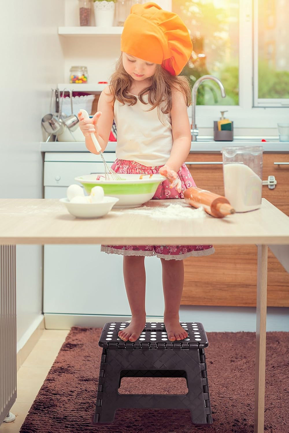Folding Step Stool - (Pack of 1) Foot Stool with 9 Inch Height - Holds up to 300 Lbs - Lightweight Plastic Foldable Step Stool for Kitchen, Bathroom & Living Room (Black)