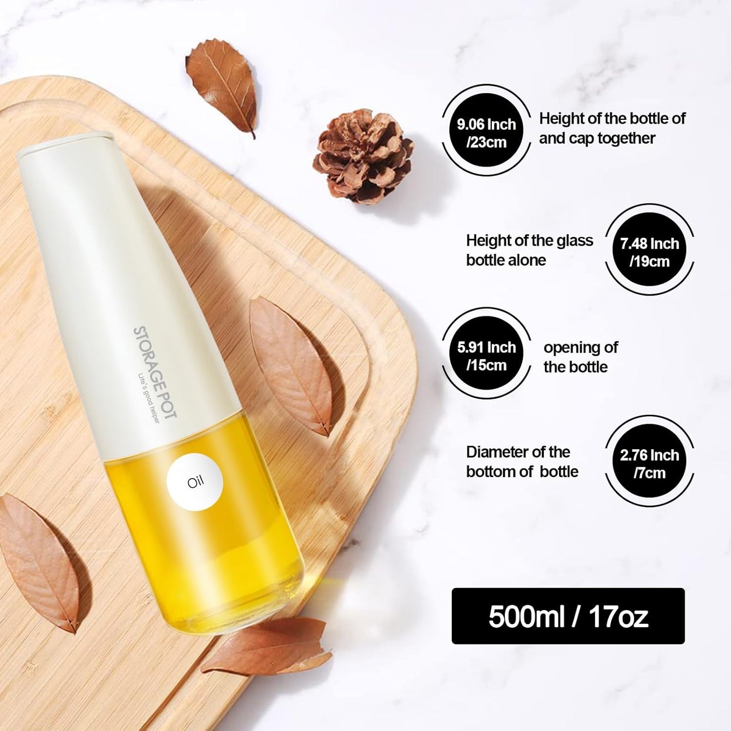Large Capacity Olive Oil Dispenser - 500ml / 17oz Glass Vinegar Drizzler - Leak-Proof Non-Drip Soy Sauce Pourer with Labels (White)