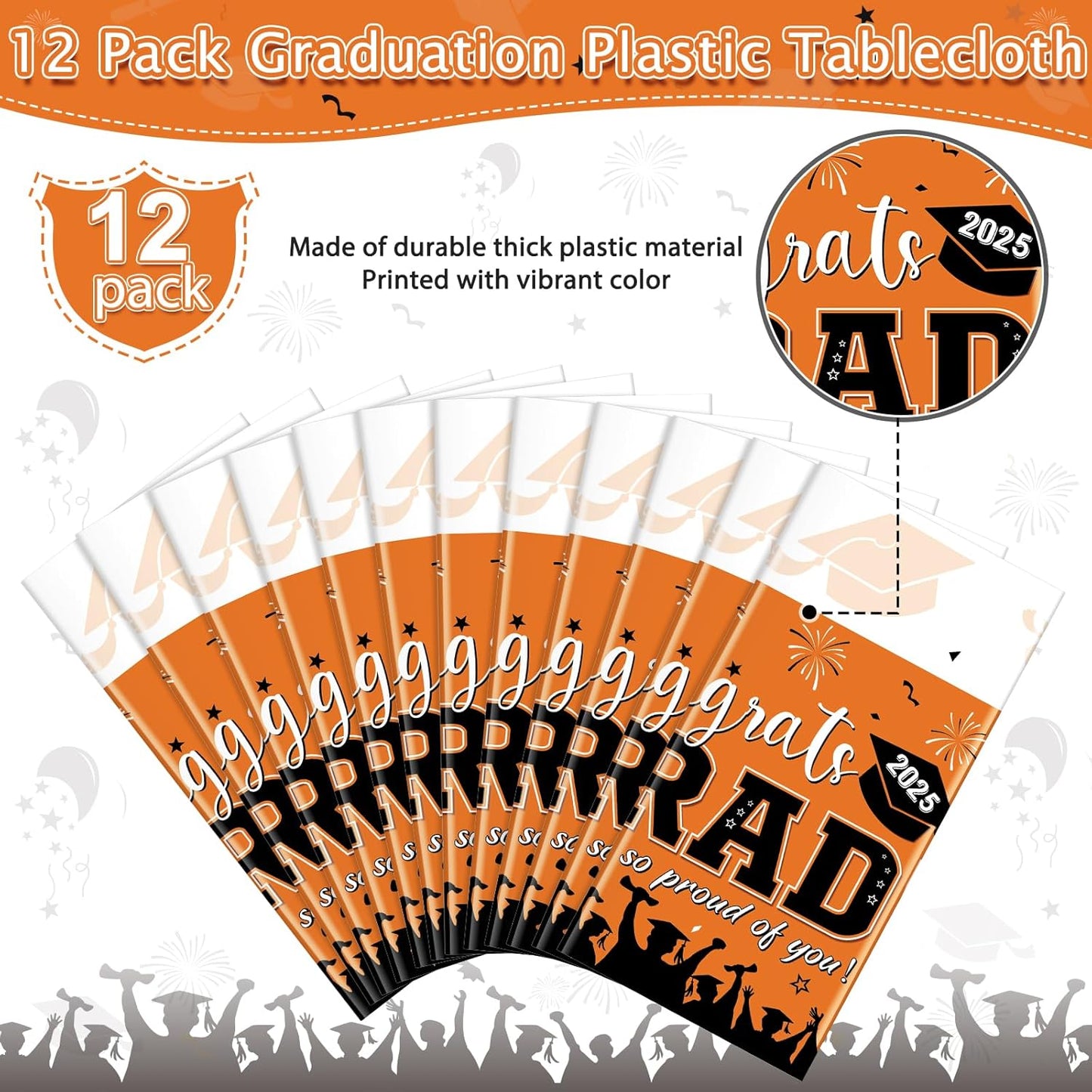 12Pack Graduation Tablecloth Party Decorations, Class of 2025 Congrats Grad Plastic Tablecover Party Supplies, Orange Rectangle Graduation Table Decorations for College High School Party, 54 X 108Inch