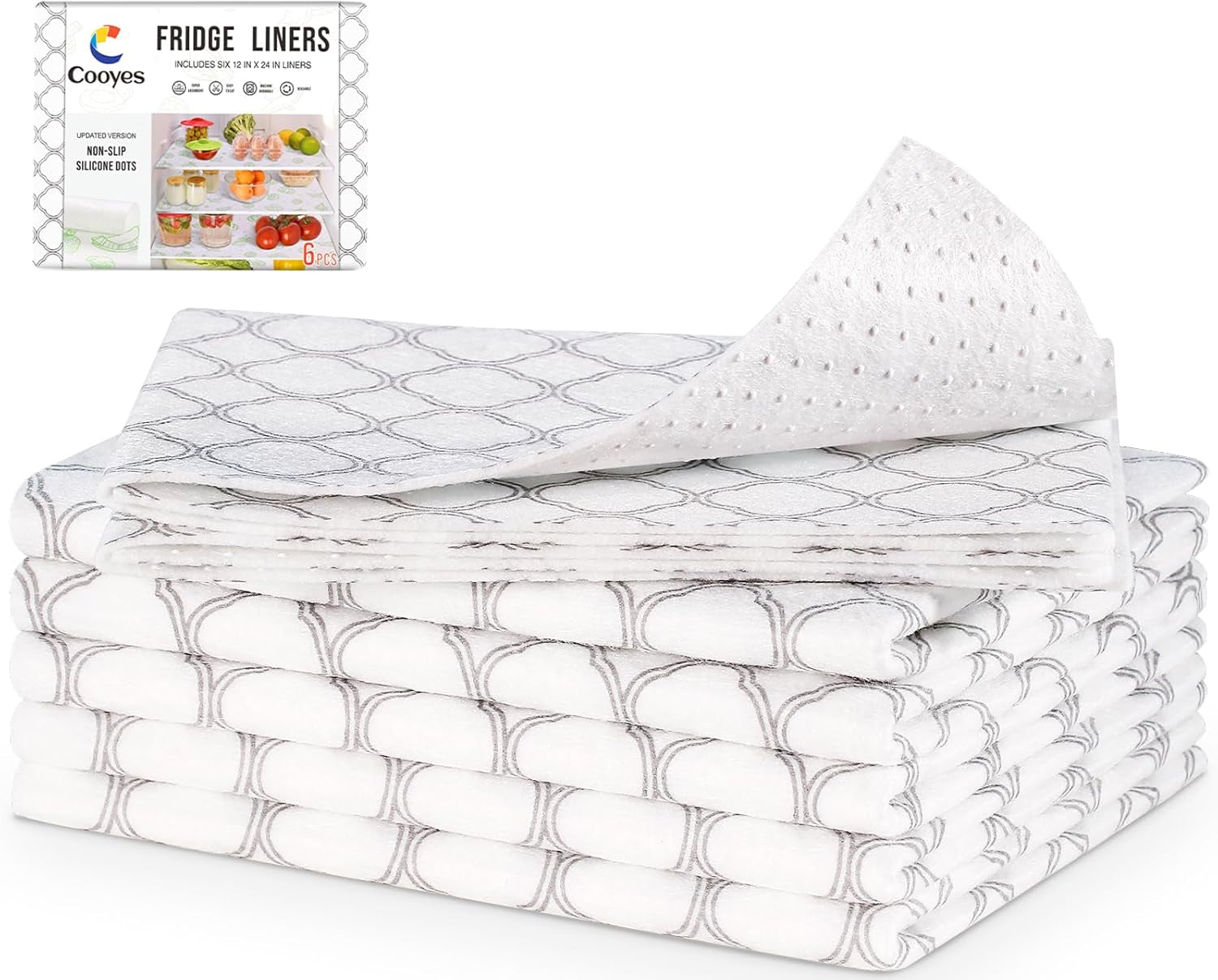 Non Slip Refrigerator Liners, 2-In-1 Fridge Mats and Fresh-Keeping Shelf Liners, Absorbs Excess Moisture, Bpa-Free, Multiple Sizes for Glass Shelves Kitchen Cabinets Drawers, 6 Pack, 12" × 24"