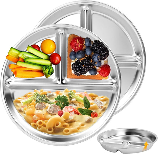 Stainless Steel Kids Plates 2 Packs, Deepened 9" Portion Control Plate Divided Plate for Toddlers Bigger Appetite, Non Toxic Unbreakable Metal Lunch Dishes