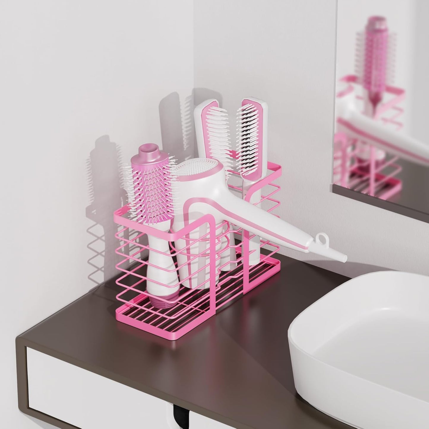 Pink Hair Dryer Holder - 3-Section Organizer for Hair Tools, Wall-Mounted/Cabinet Door Straightener Holder, Adjustable Height Metal Dryer and Curling Iron Organizer