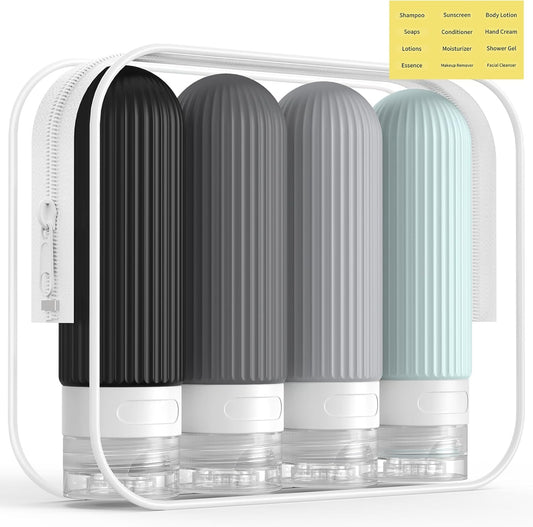 Travel Bottles for Toiletries, TSA Approved 3Oz Silicone Journey Size Containers, Portable Split Bottle for Conditioner, Shampoo, Lotion- 4 Pack Grey