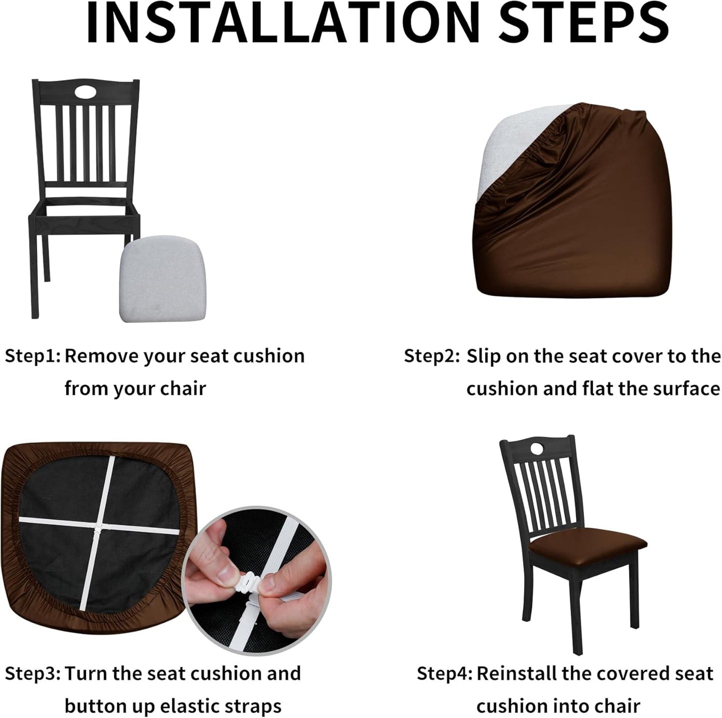 Waterproof PU Leather Seat Covers for Dining Room Chairs Set of 4, Stretch Fit Removable Chair Seat Protector Slipcovers with Elastic Band, Coffee