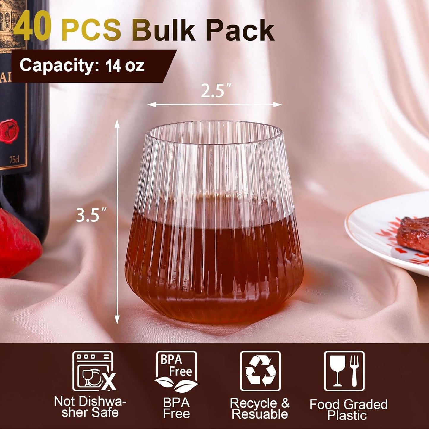 40 Pack Plastic Ribbed Wine Glasses, 14Oz Origami Disposable Wine Glasses Unbreakable Clear Plastic Cocktail Glasses Recyclable Shatterproof Reusable Wine Cups (NOT Dishwasher-Safe)