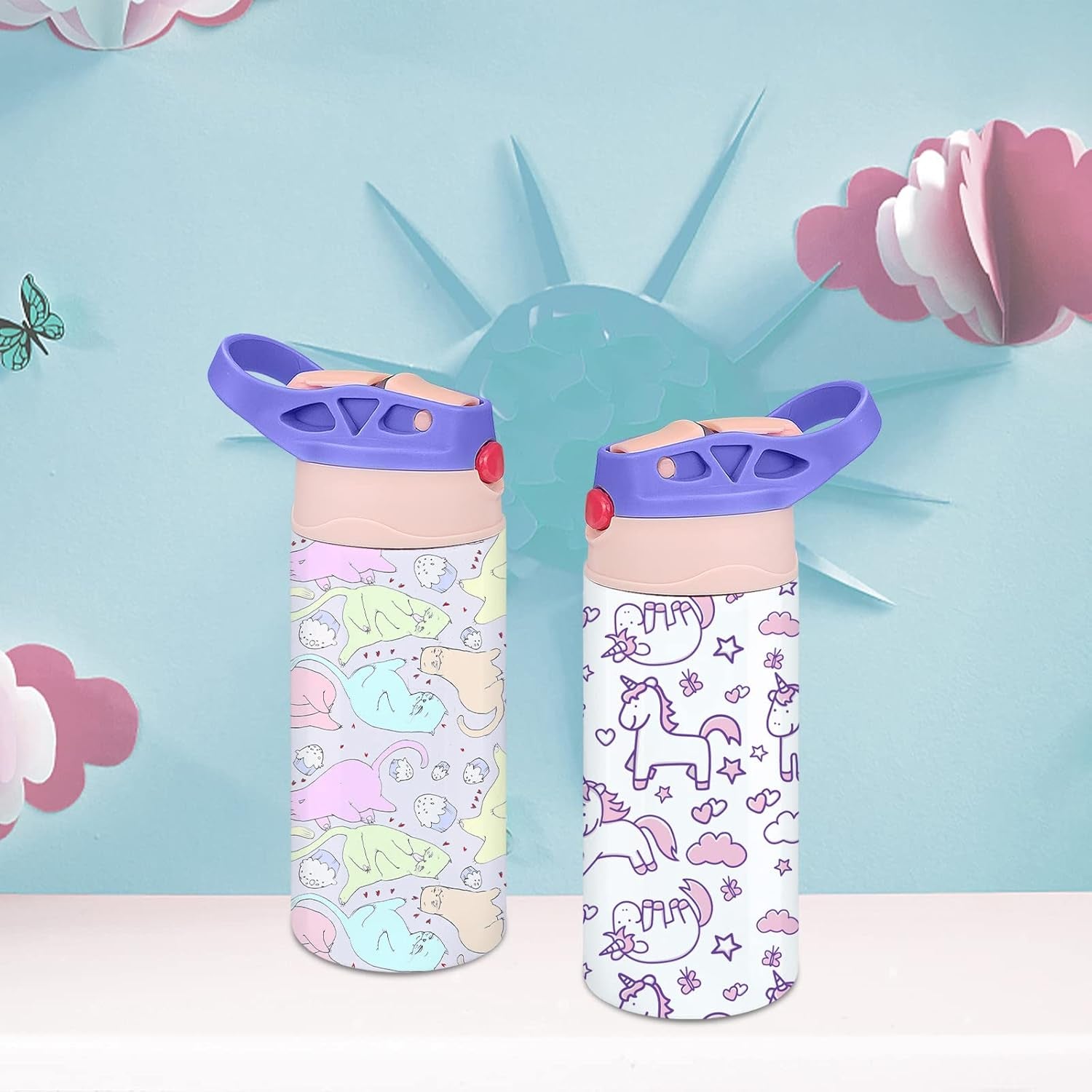 Kids Sublimation Tumbler,12Oz Sublimation Water Bottle Blanks,Straight Stainless Steel Todder Sippy Cup,Double Wall Insulated Sippy Tumbler with Handle,Shrink Films,Leak Proof (Purple)