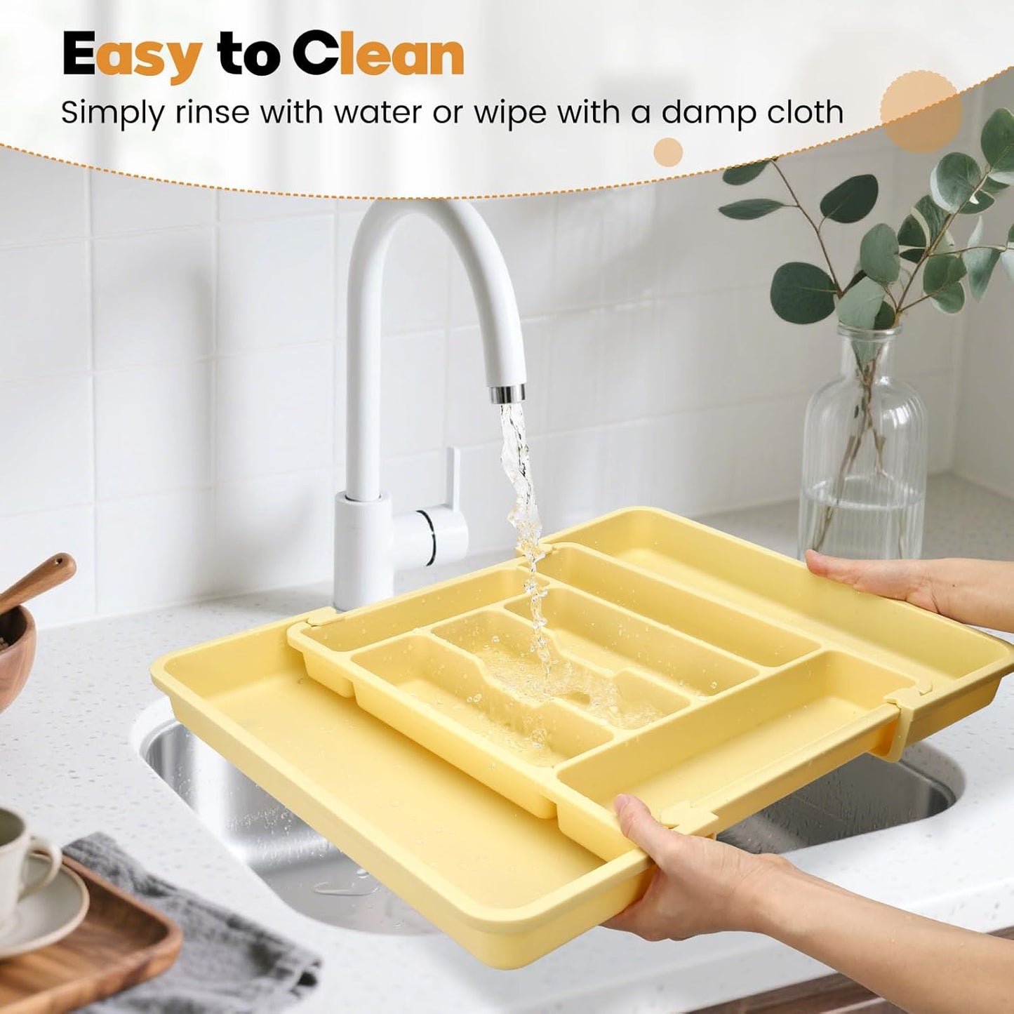 Expandable Large Silverware Organizer for Kitchen Drawers - BPA-Free Thick Plastic with Wider Compartments and Non-Skid Feet (Desert Sand)