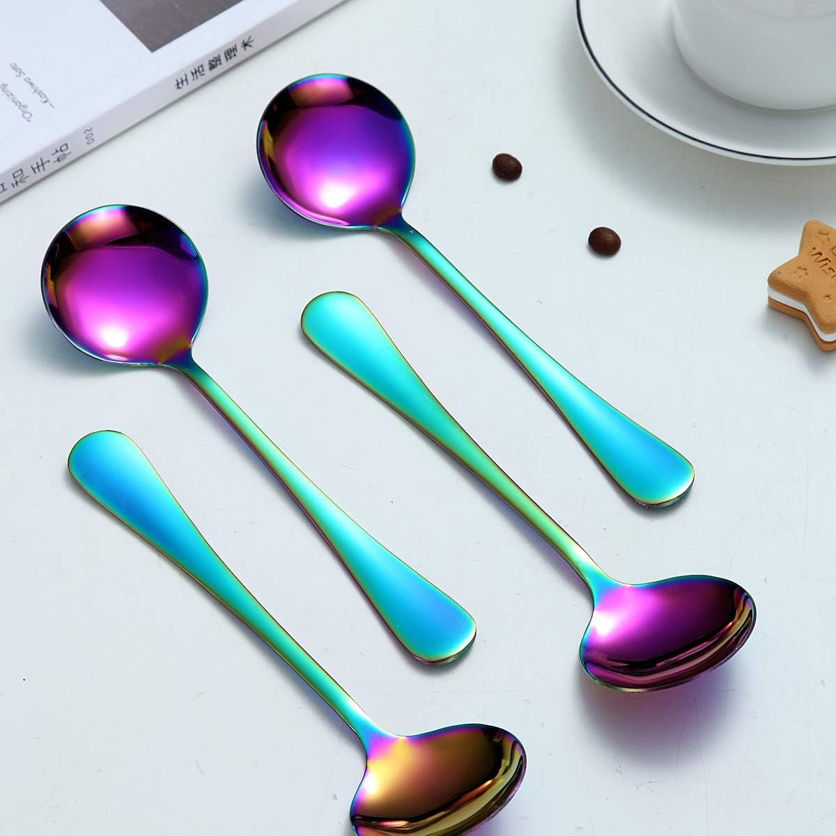 Set of 4 Rainbow Soup Spoons, 7.5" Stainless Steel with Titanium Plating, Multicolor Round Design, Easy to Clean and Dishwasher Safe
