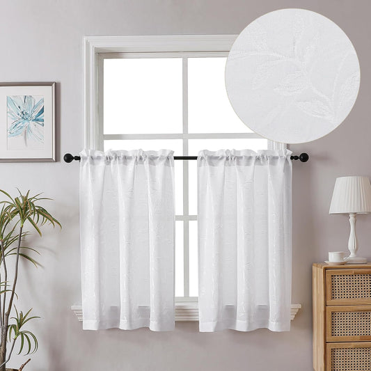 Mila White Kitchen Tier Curtains, 36 Inch Length, Semi Sheer Leaf Jacquard Textured Small Cafe Curtains, Light Filtering, Each 30Wx36L, 2PCS